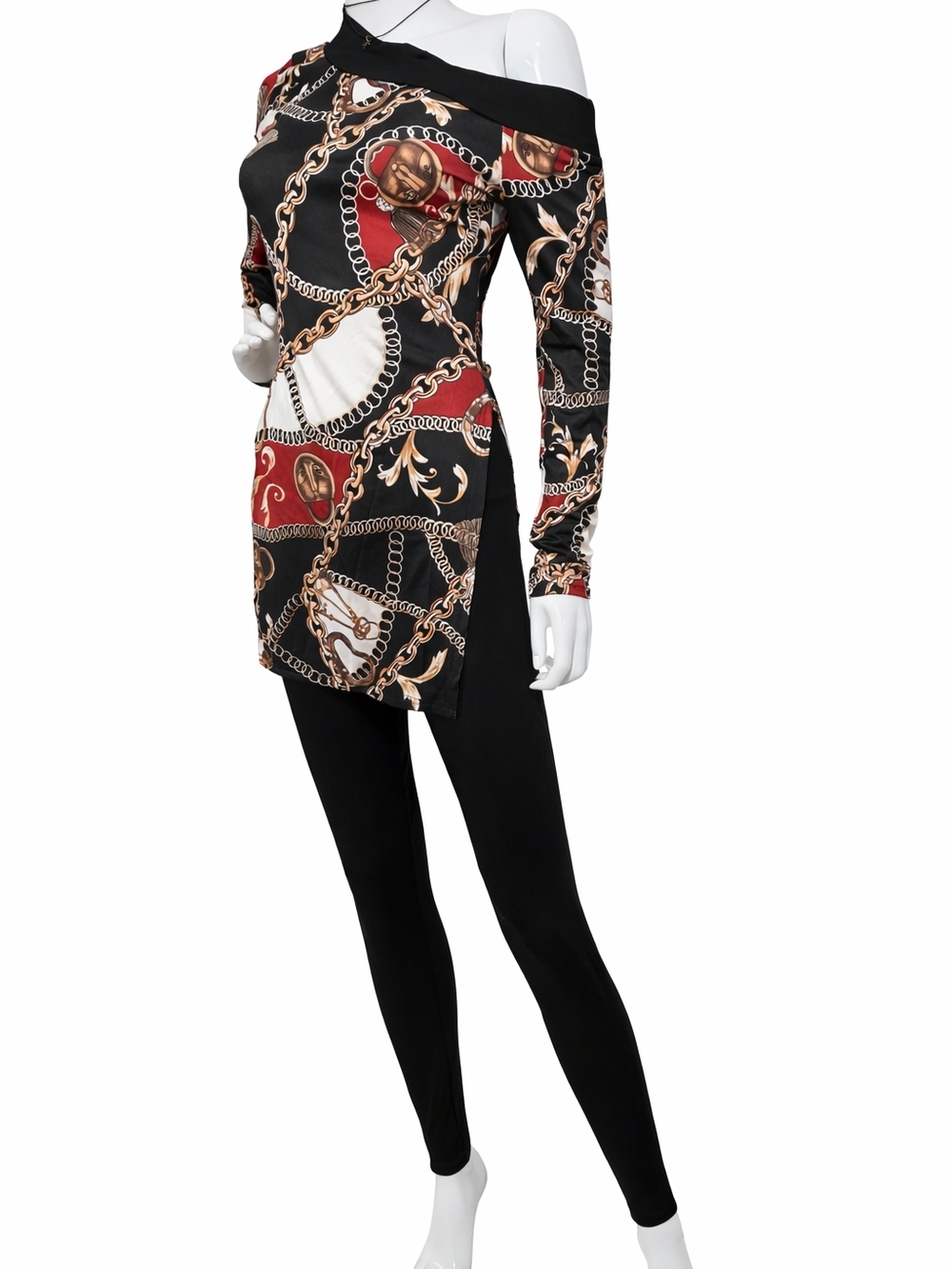 One-Shoulder Chain Print Tunic Set in Black, Red & Gold